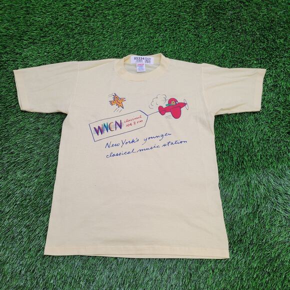 Vintage 80s New-York WNCN 104.3 FM Radio Shirt Womens S/M 18x23 Yellow - Picture 1 of 15
